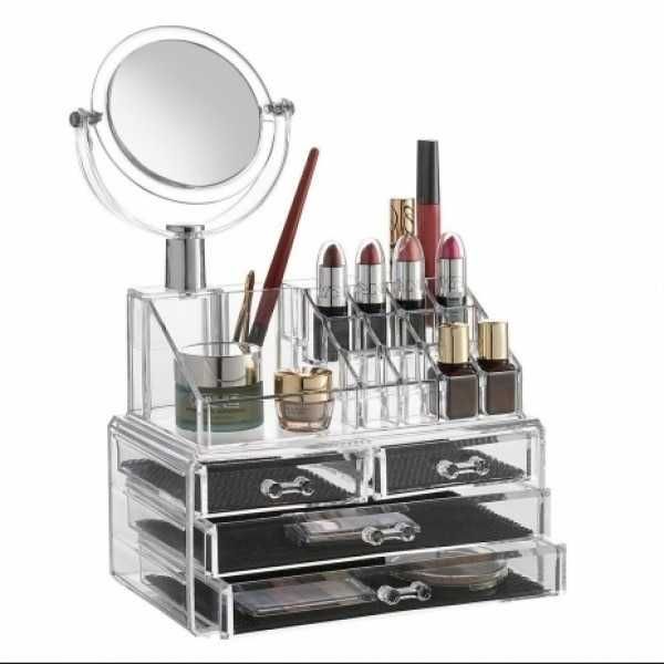 Organizator, suport Make-Up cu oglinda detasabila , transparent