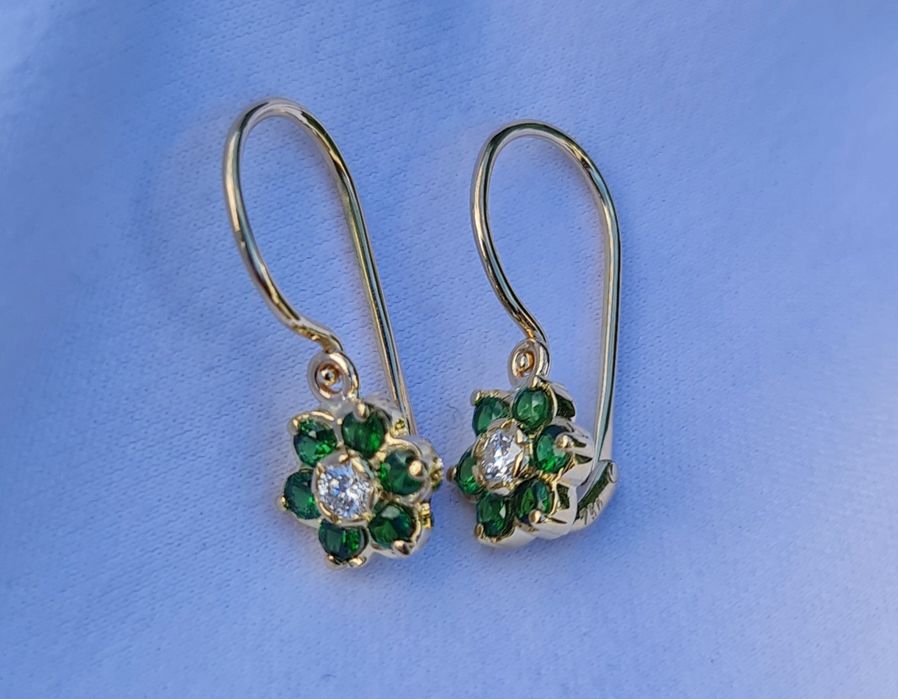 Cercei aur galben 14k diamante și tsavorite naturale