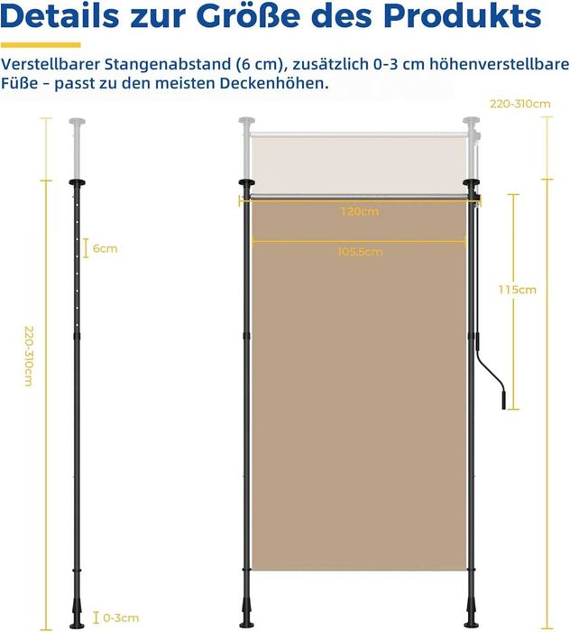 Странична тента Outsunny, балконска тента 200 см x 140 см, крем