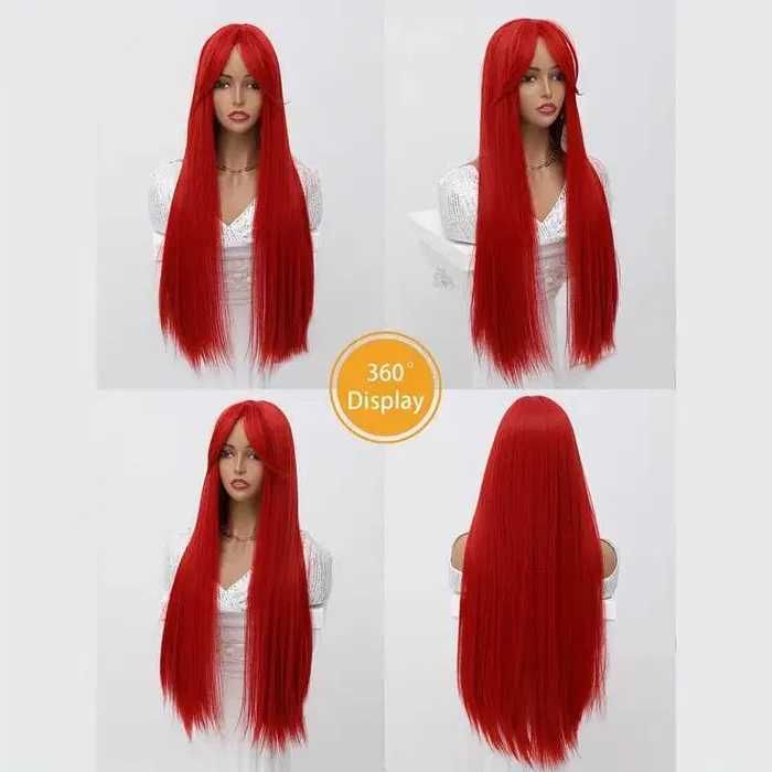 80 см Ярко червена права синтетична перука с дълъг бретон