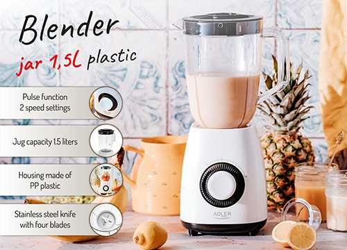 Blender Adler AD 4085, 1000 W, 2 viteze, bol 1,5 L, 4 lame inox, alb