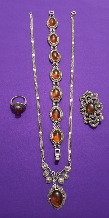Chihlimbar set vechi in argint 925 broșă inel brățară și colier