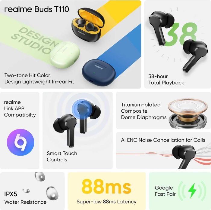 Realme Buds T110 BT 5.3 AI ENC. Есть доставка