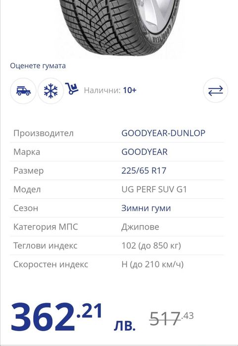 Зимни гуми за джип/Goodyear UltraGrip Performance+ SUV 225/65 R17 102H