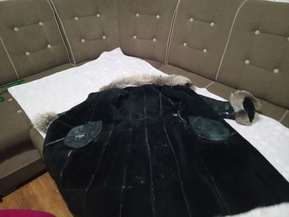 Дублёнка черная кожа воротник песец