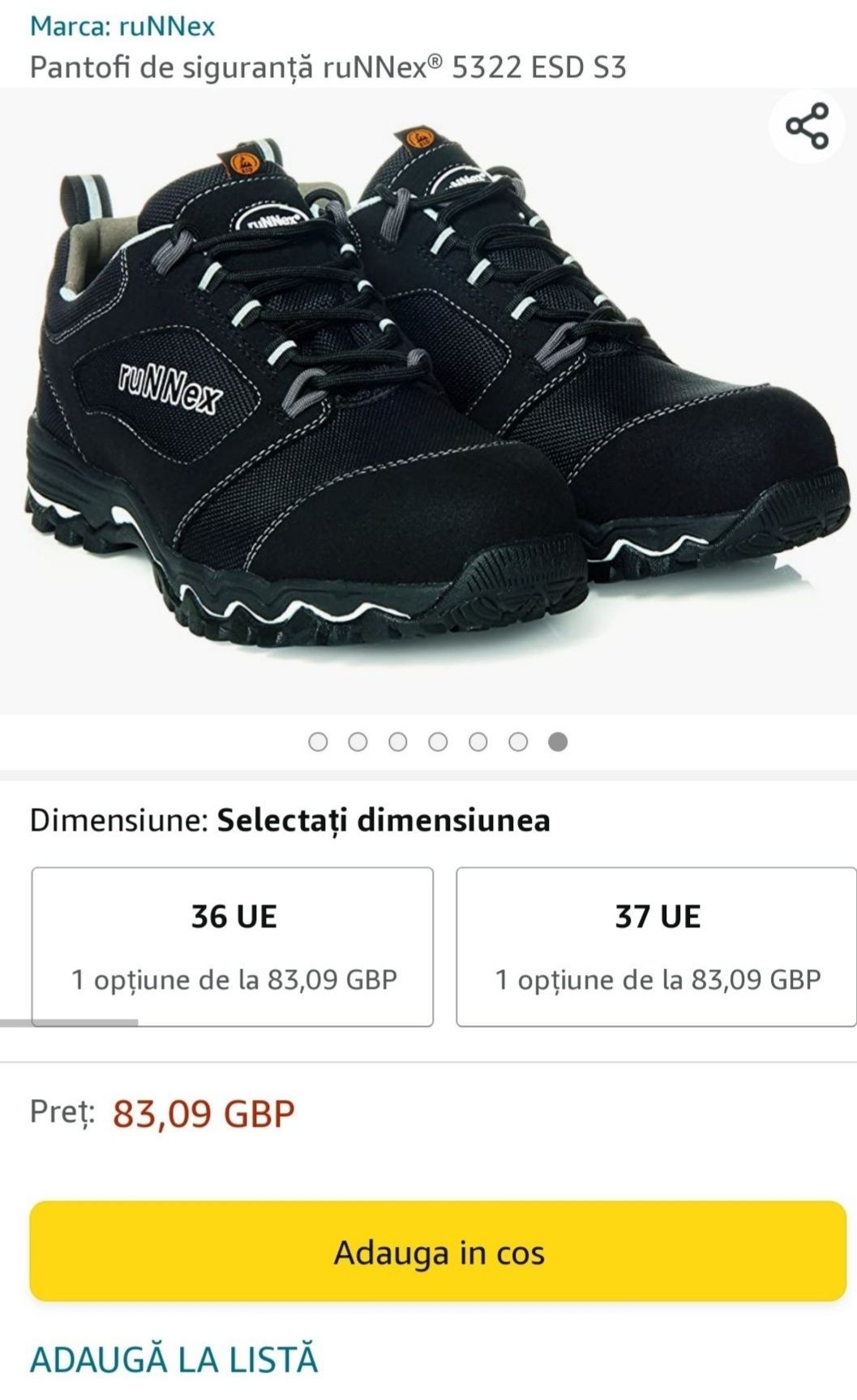 Pantofi protecție RUNNEX, încălțăminte bombeu, muncă ESD, unisex nr 37