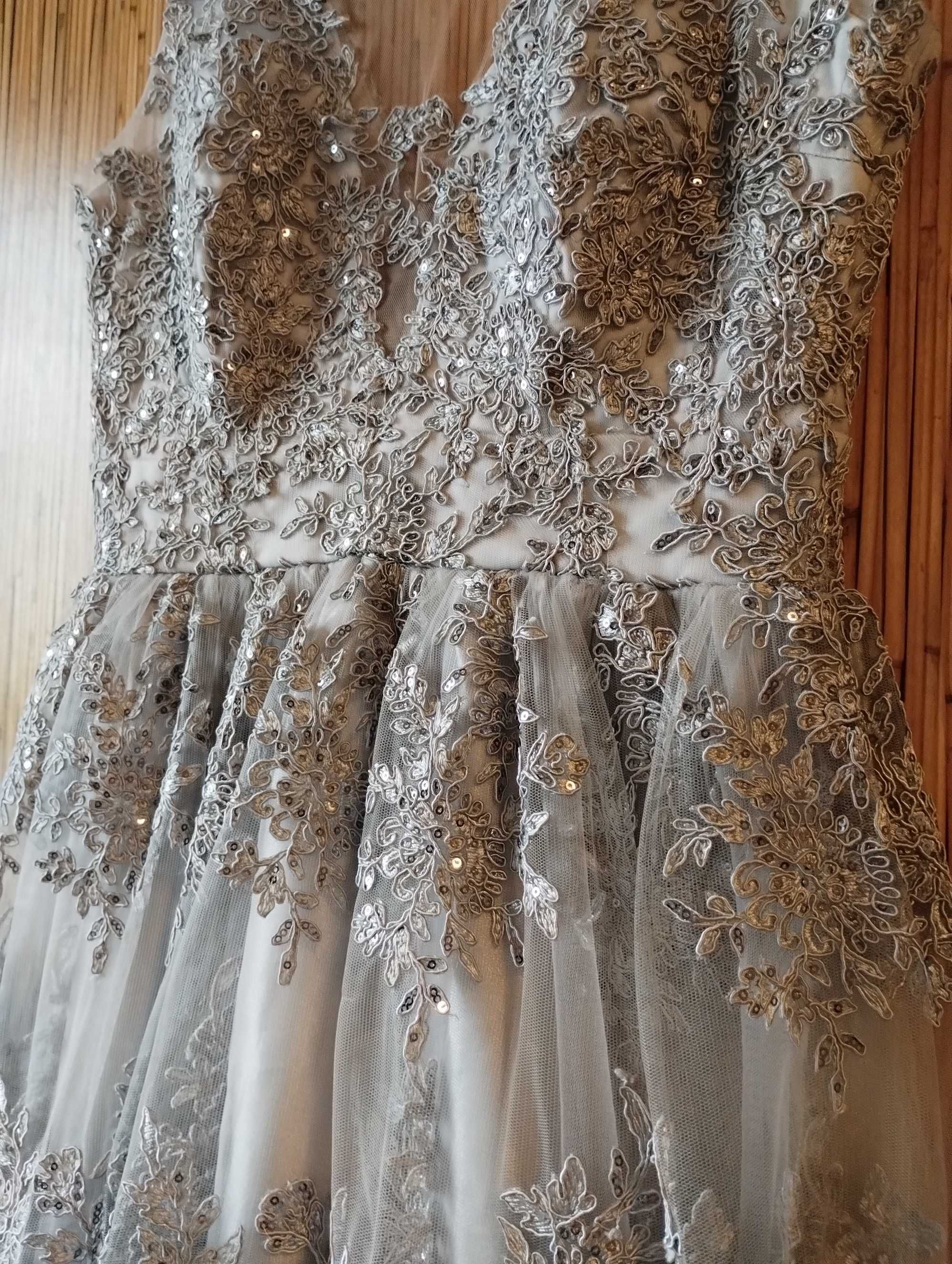 Rochie cu broderie Gri metalic  sclipici