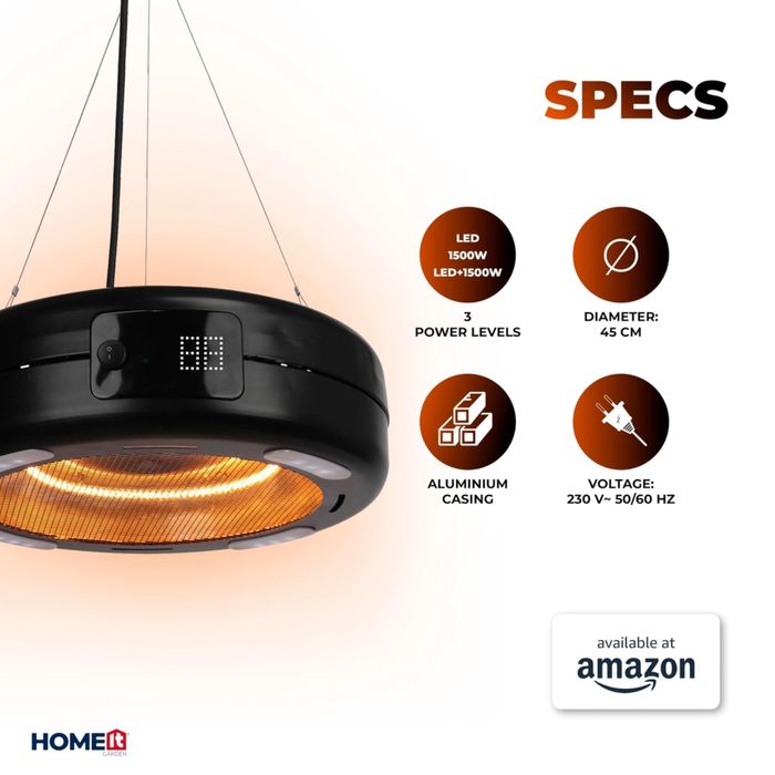 Висящ нагревател за тераса с карбонова тръба и LED осветление