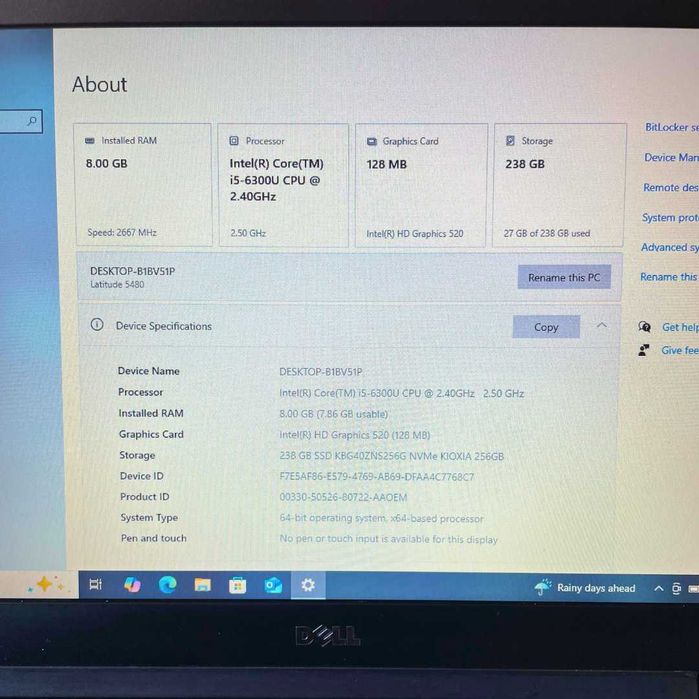 Latitude 5480 Dell, НОВА БАТ, i5-6300u, 8GB RAM, 256GB NVMe SSD PCIe