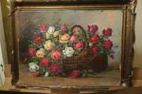 Cos cu flori Trandafiri - Natura Moarta - Ulei Pe Carton 70/50cm