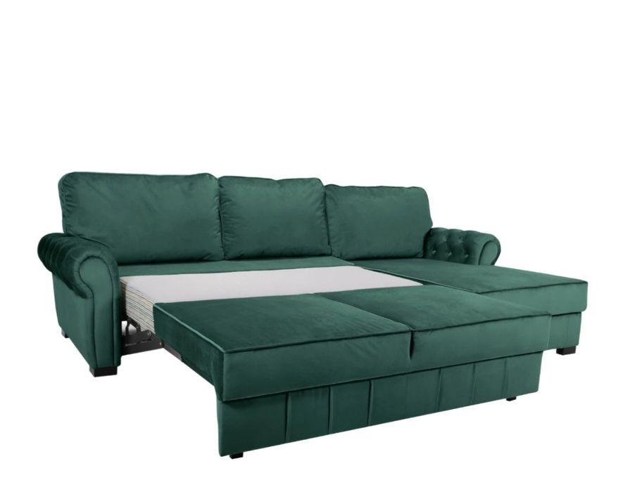 Coltar living extensibil pe stanga Eco Chester, cu lada, verde, 282 x
