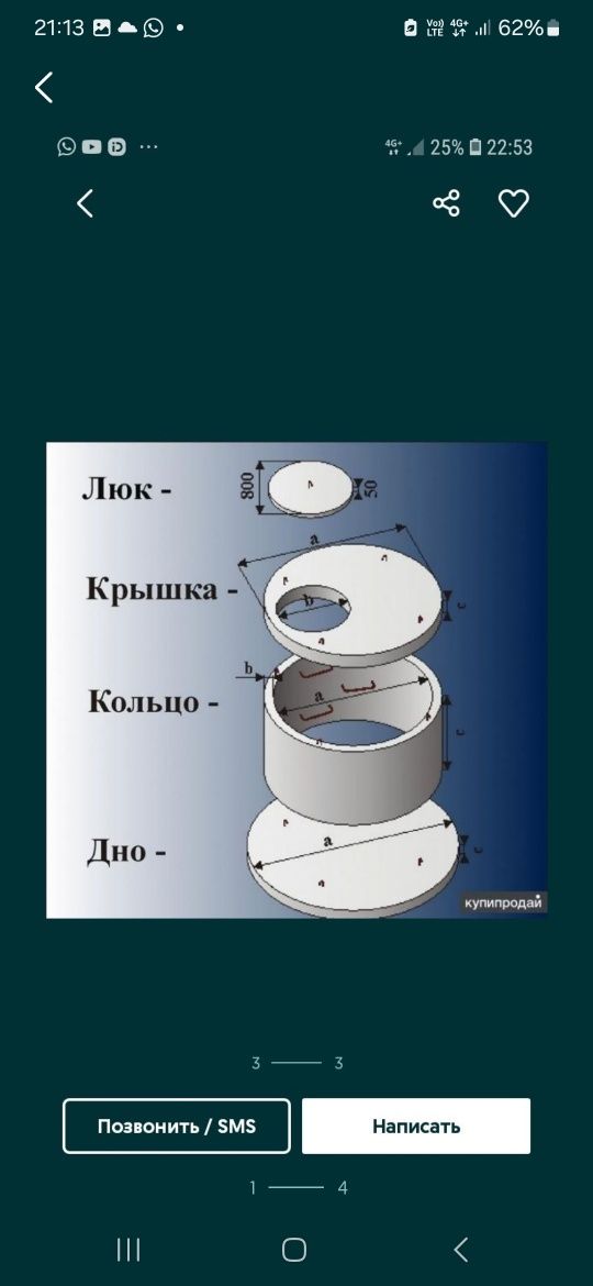 Кольцо ЖБИ изделия высокого качества 1м, 1,5м. Крышка, дно, люк  дост