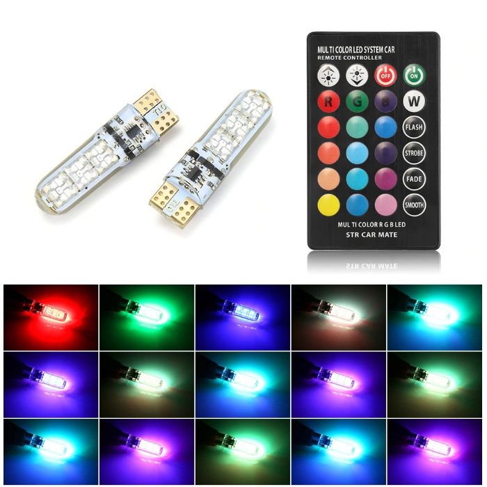 5 x Set 2 LED-uri auto W5W T10, RGB multicolore, pentru pozitie cu tel