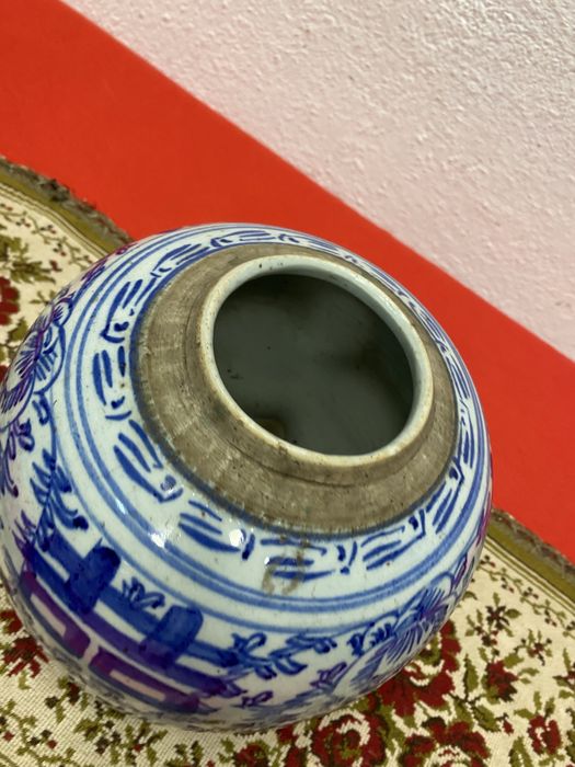 Китайски буркан Double Happiness синьо бял винтидж 1900 г