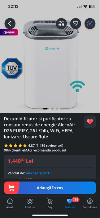Dezumidificator și purificator AlecoAir D26 Purify cu 2 filtre