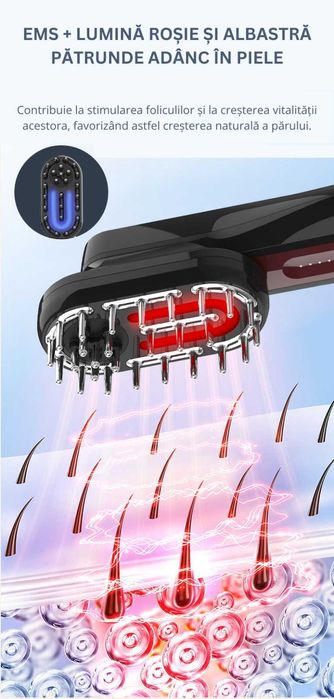 Perie NOUA de masaj scalp/fata/corp, 3 in 1, lumina rosie/albastra,EMS
