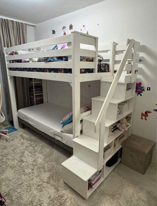 Pat etajat copii, cu saltea inclusa 90x 200, lemn masiv alb, cu scari