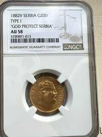 moneda Serbia 20 dinari 1882 AU58 NGC aur