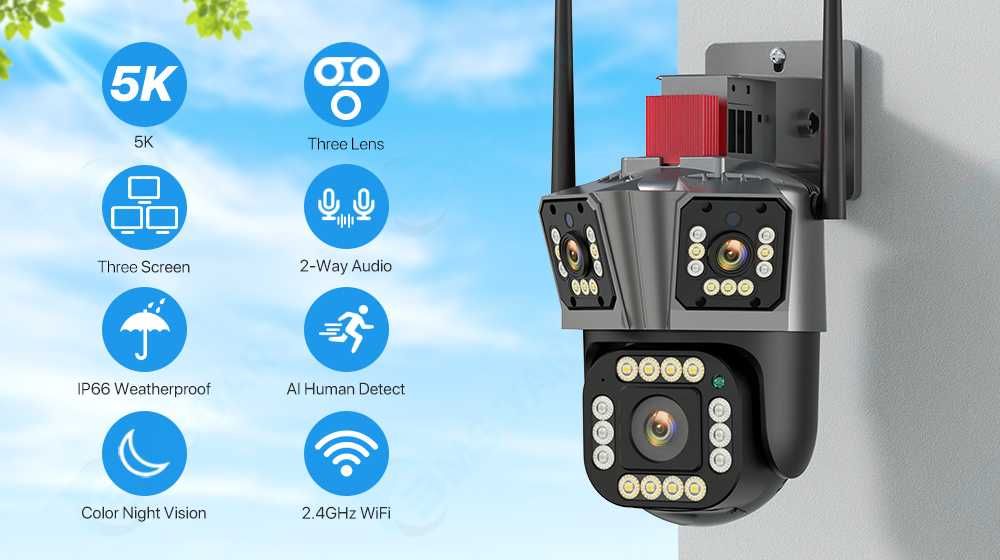 Camera de Supraveghere Tripla Wi-Fi, PTZ, 2k/5K, 5X Zoom, JT3-W