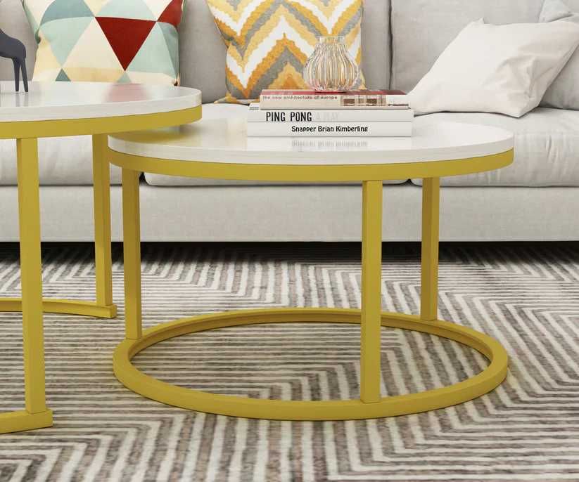 Set 2 masute rotunde de cafea cu efect de marmura, blat MDF