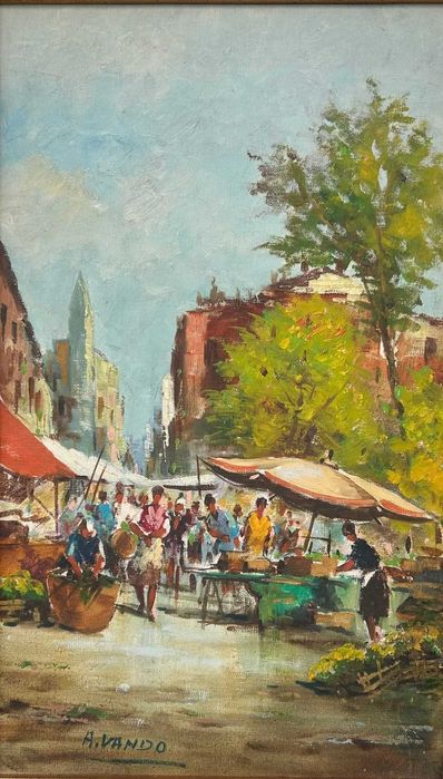 Tablou A Vando Peisaj dimineața în Piață pictura ulei pe pânză 35x55cm