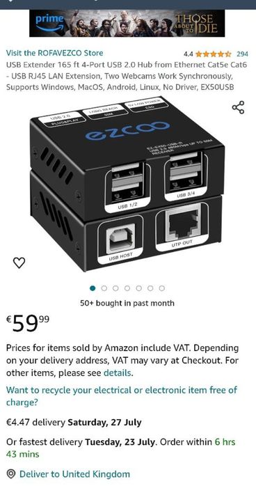 Extensor USB 165 ft Hub USB 2.0 cu 4 porturi de la Ethernet Cat5e Cat6