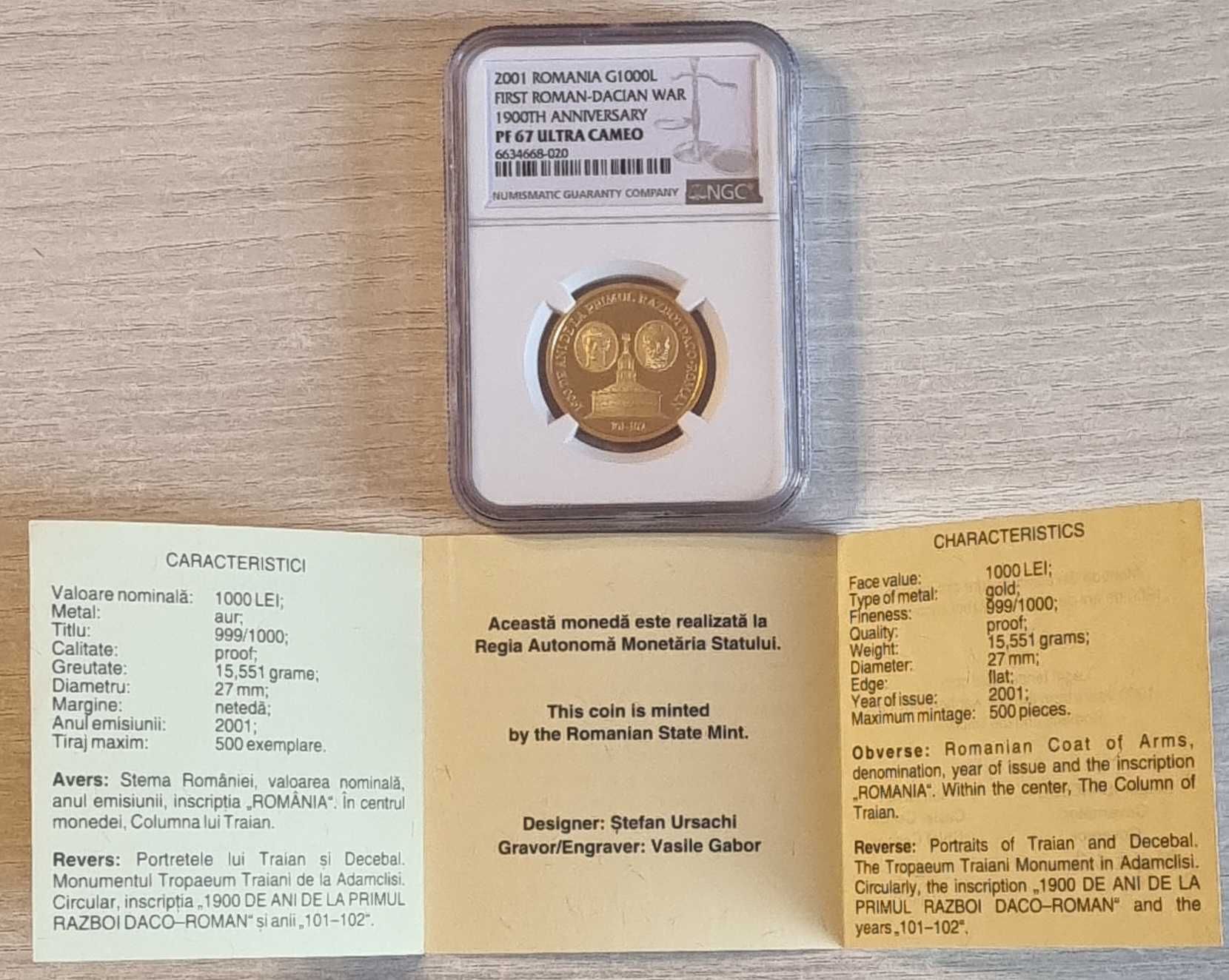 Moneda aur BNR 1000 Lei, primul razboi daco-roman, gradata NGC PF 67