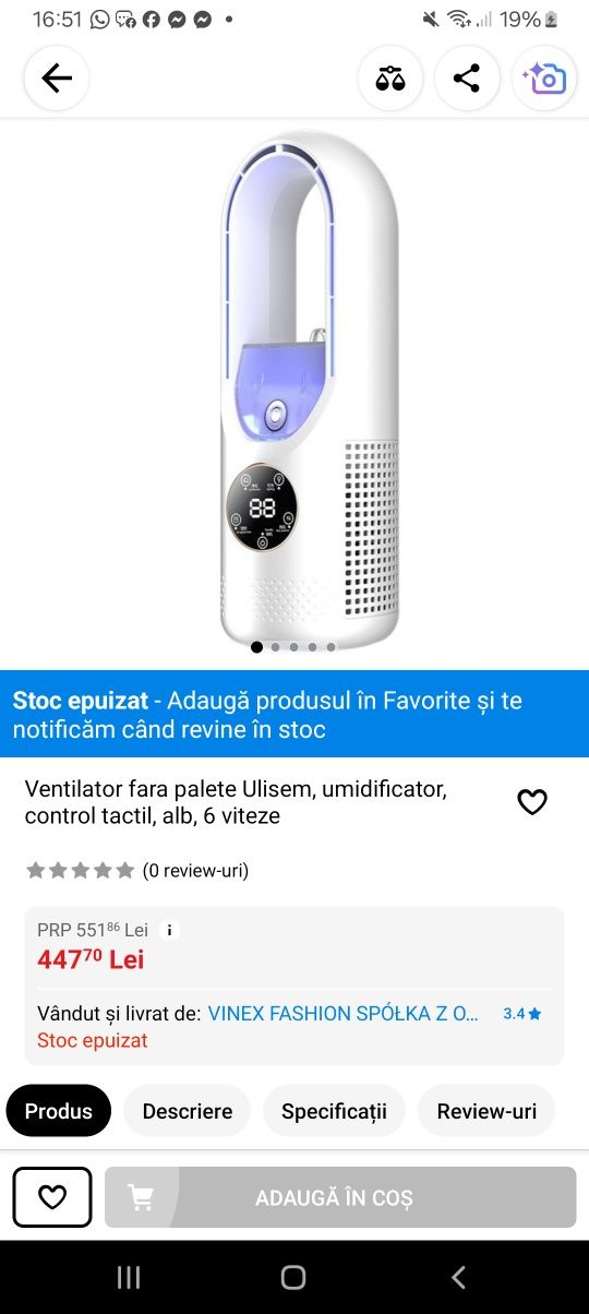 Vand ventilator, umidificator,  fără palete, sigilat, 2 ani garanție l