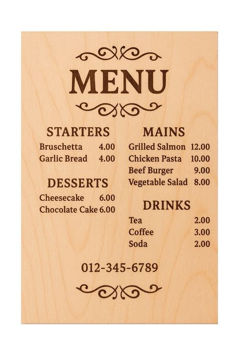 Меню для кафе и ресторанов на фанере