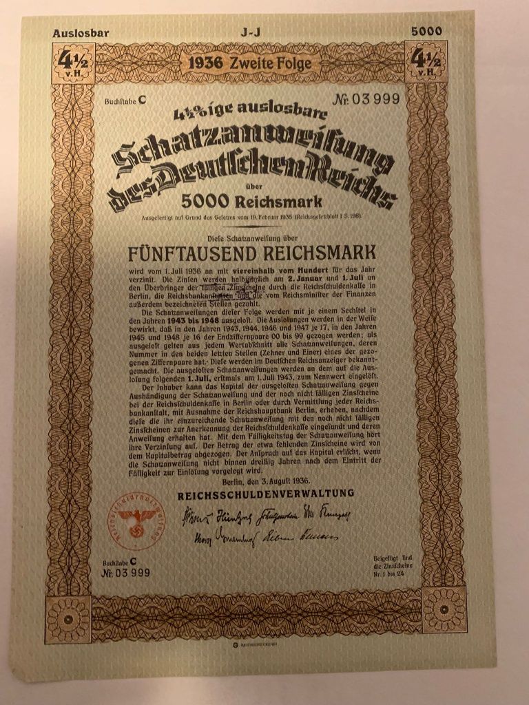 5000 Marci 1936 Germania Obligatiune nazista Titlu de Stat