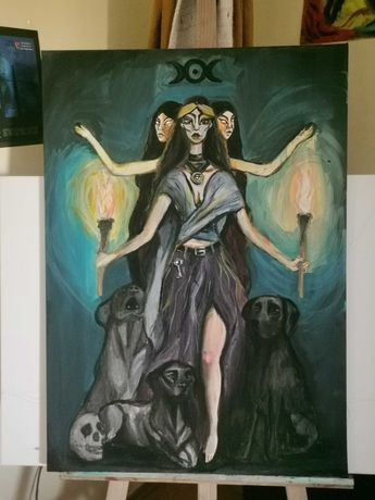 Pictură originala cu Hecate, zeița lunii (acrilic pe pânză, 50x70)