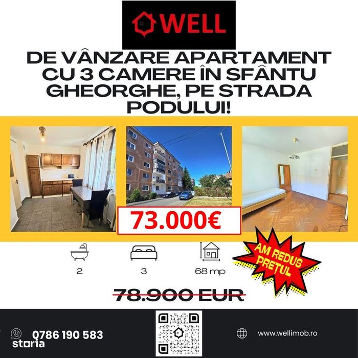 De vânzare apartament cu 3 camere în Sfântu Gheorghe, pe str Podului!