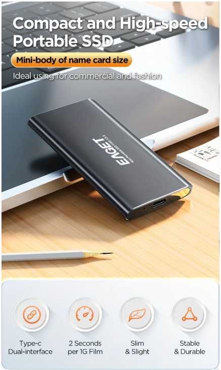 Външен SSD твърд диск EAGET 1TB, USB 3.2 трансфер до 500MB/s (НОВ)