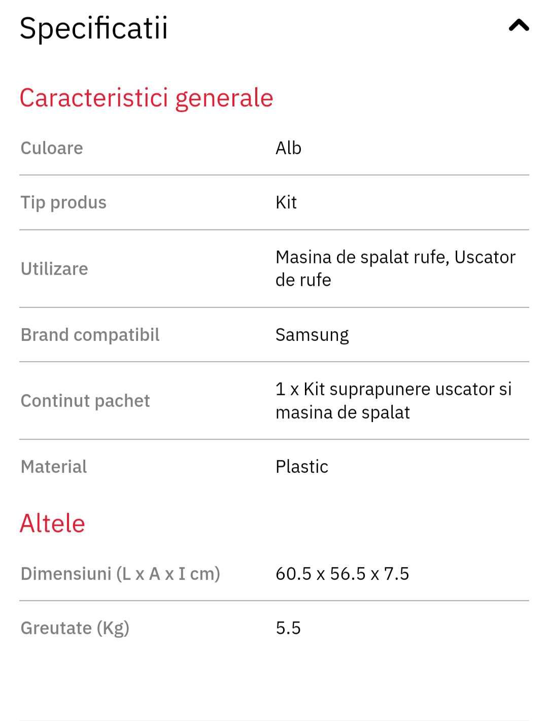 Kit suprapunere masini de spalat si uscatoare SAMSUNG SKK-UDW