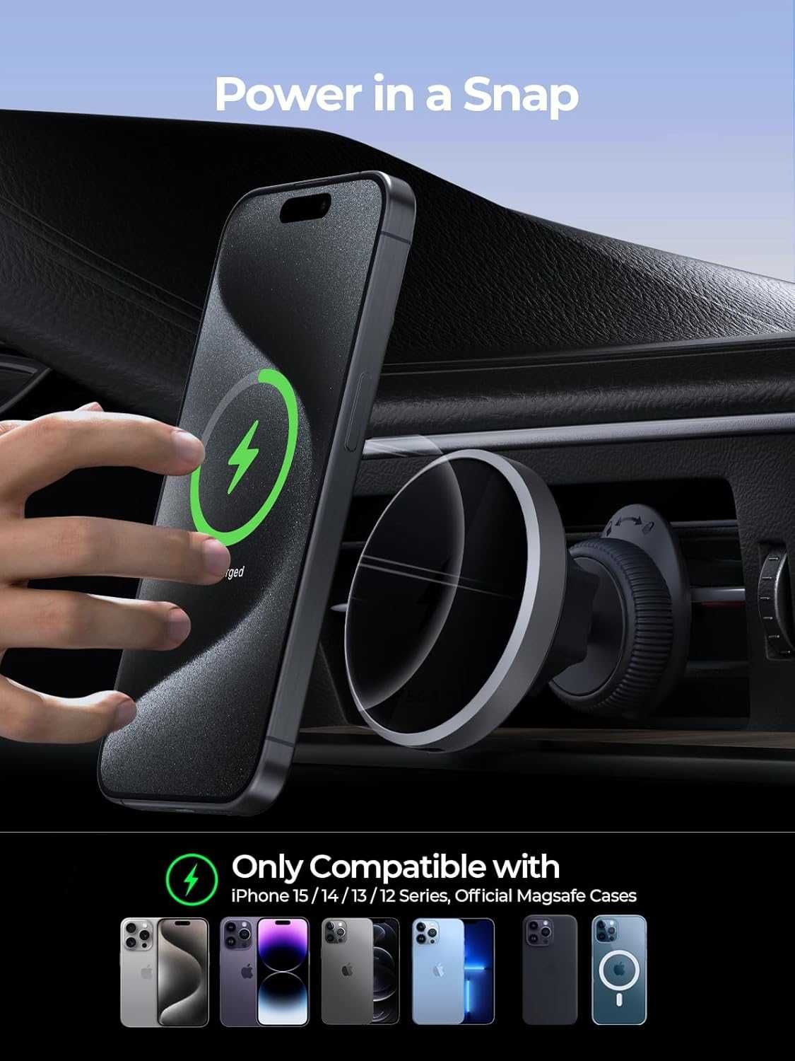 AMEGAT Магнитно безжично зарядно за кола за iPhone 15/14/13/12,15W