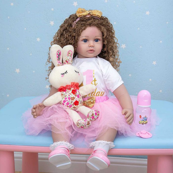 Papusa Bella cu parul ondulat si lung, 55 cm, Roz/Alb