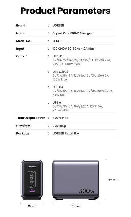 UGREEN Nexode 300W GaN Infinity 4C+U EU For Laptop/Macbook/Ultrabook