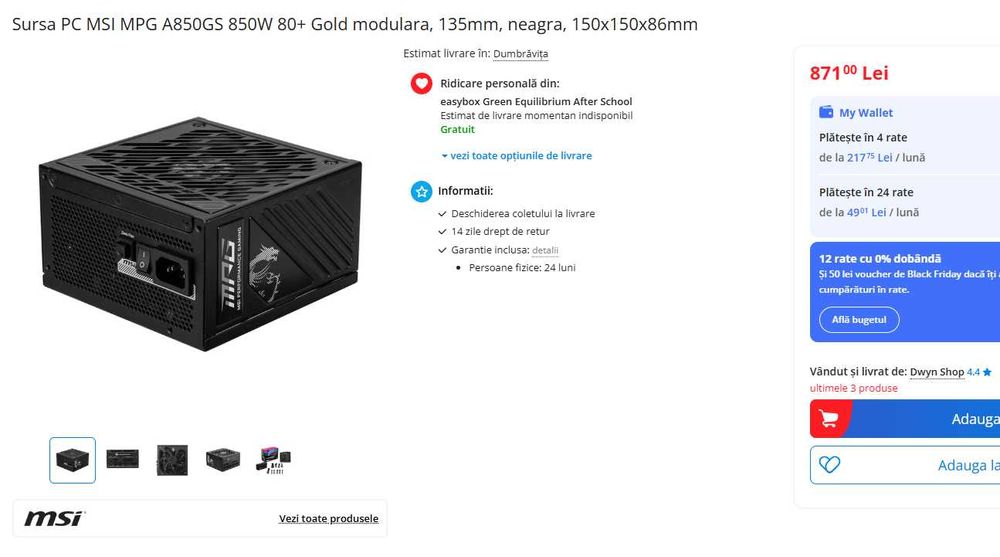 Sursa PC Desktop MSI MPG A850GS 850W Gold Sigilata ATX 3.1 PCIe 5.1