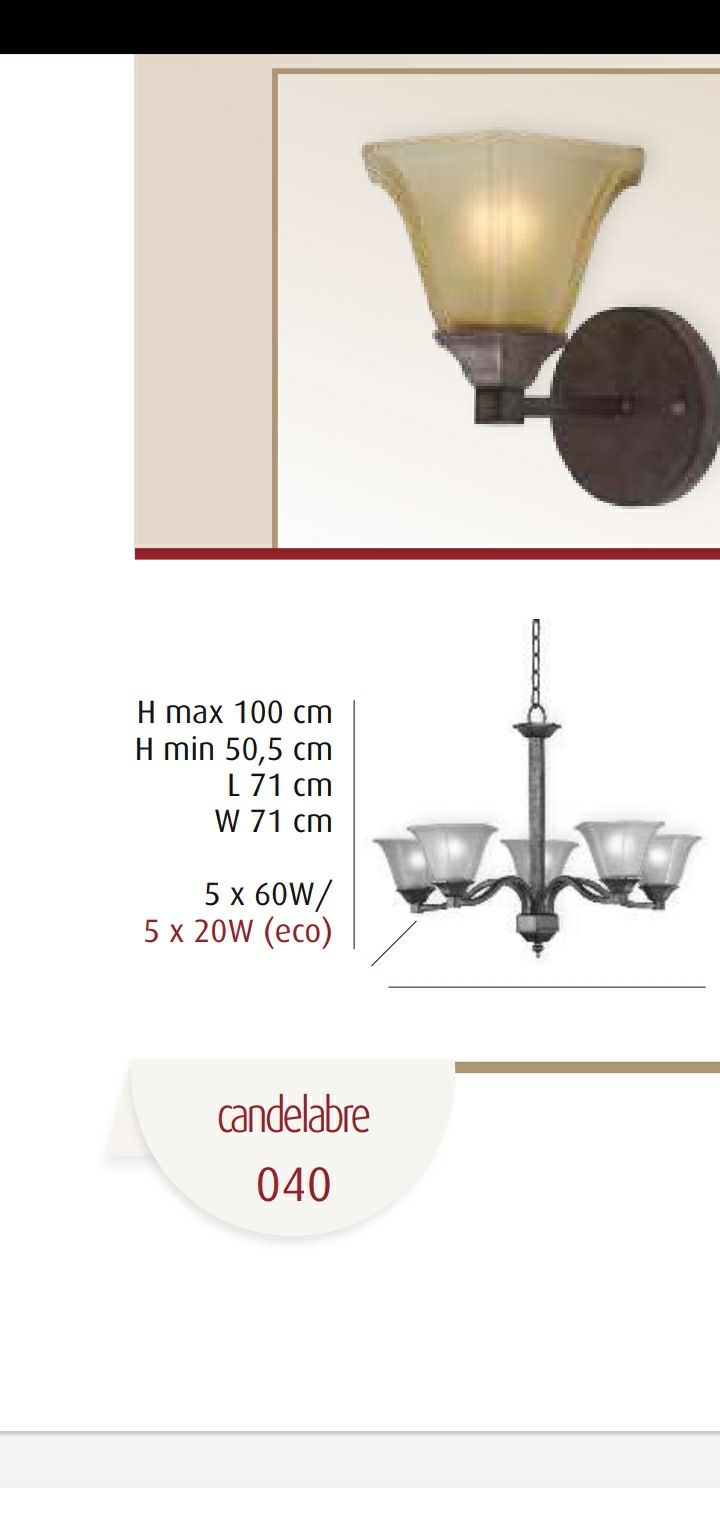 Candelabru lustra corp iluminat 5x60W E27 metal maro, sticla bej