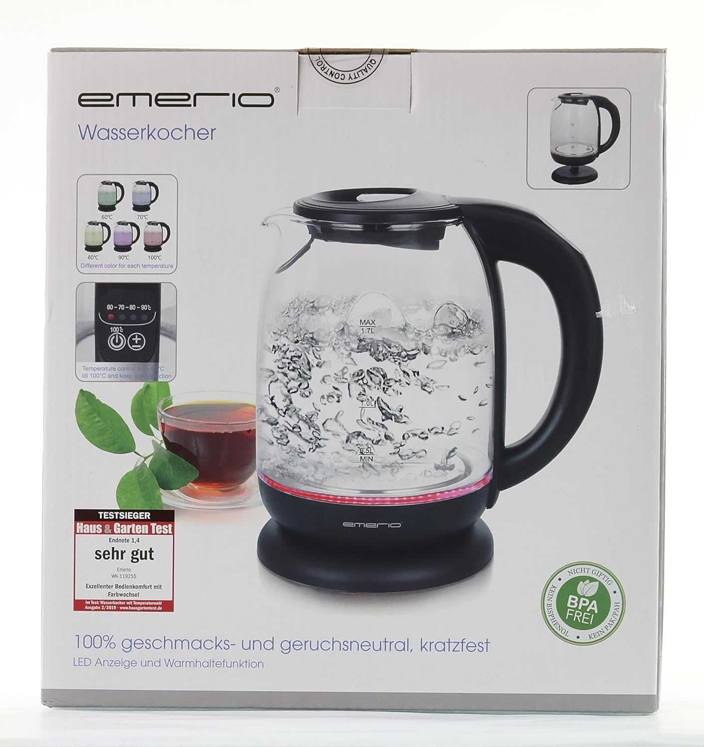 ПРОМО Нова LED Електрическа Кана за Вода Emerio WK-1192 2200W, 1.7л