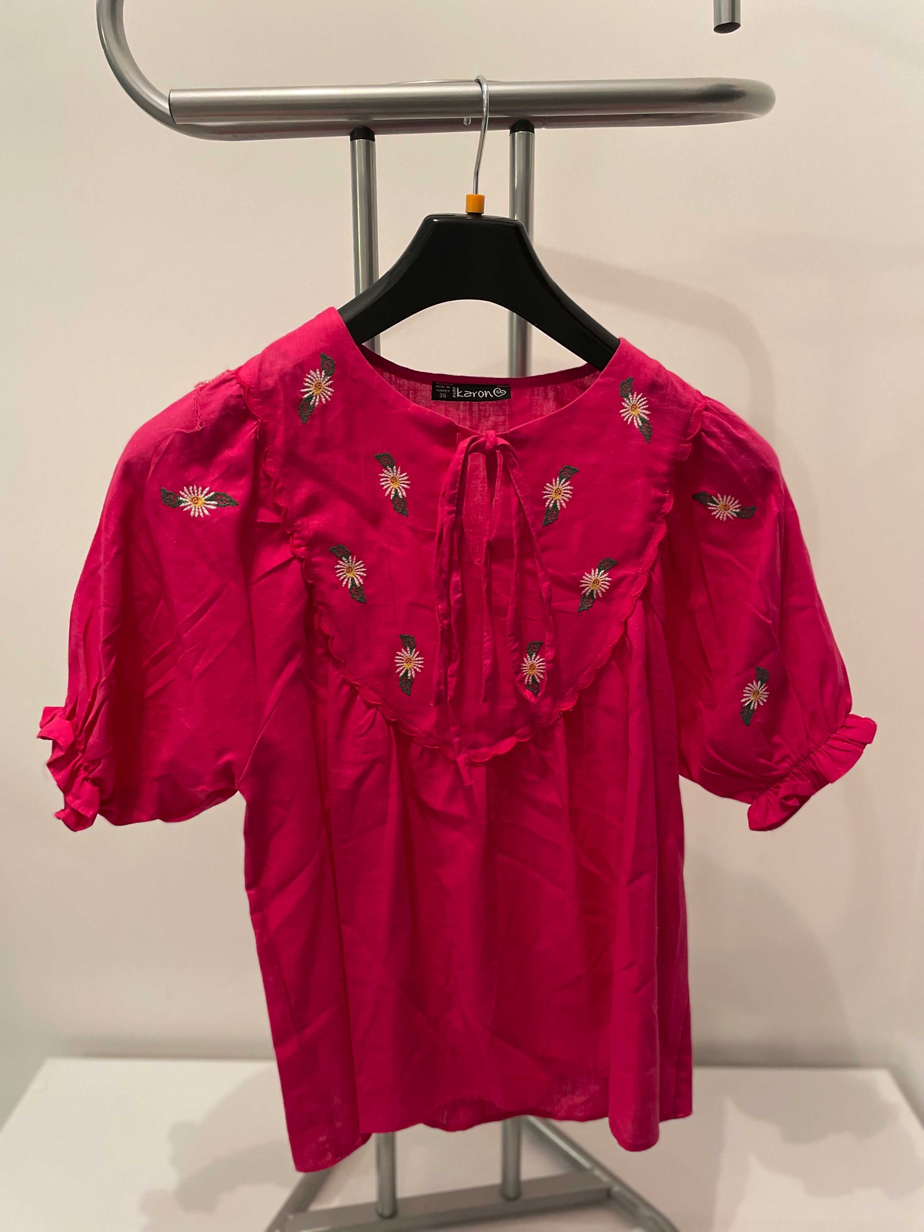 Bluza casual de dama pentru vara cu broderie - alb si roz