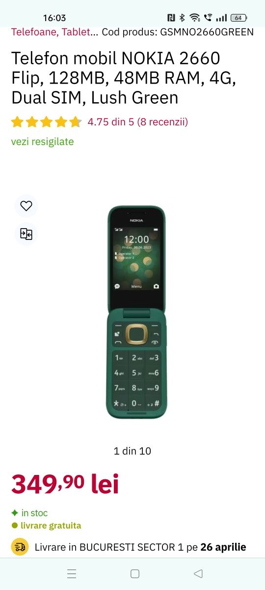 Nokia 2660 flip,nou,garanție,meniu in Ro.