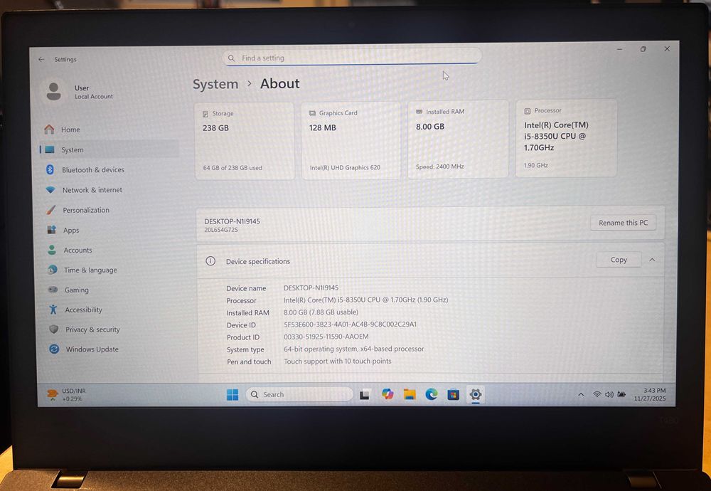 Lenovo ThinkPad T480, reconditionat (i5, 8 GB RAM, 256 GB M.2, TOUCH)