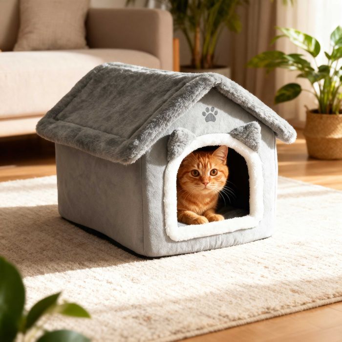 Casuta pliabila pisici cu acoperis detasabil perna lavabila 39x38x35cm