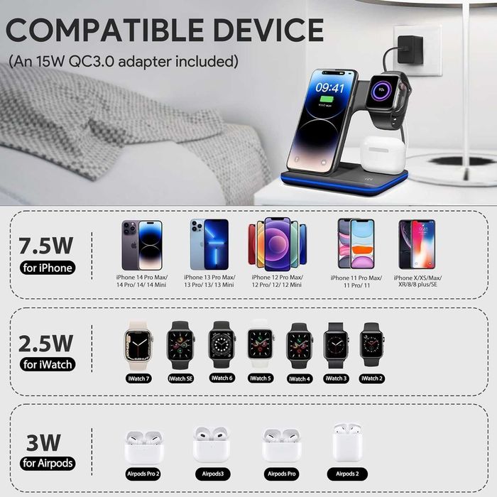 Incarcator telefon Wireless 3in1 15 W, Compatibil , Suport incarcare