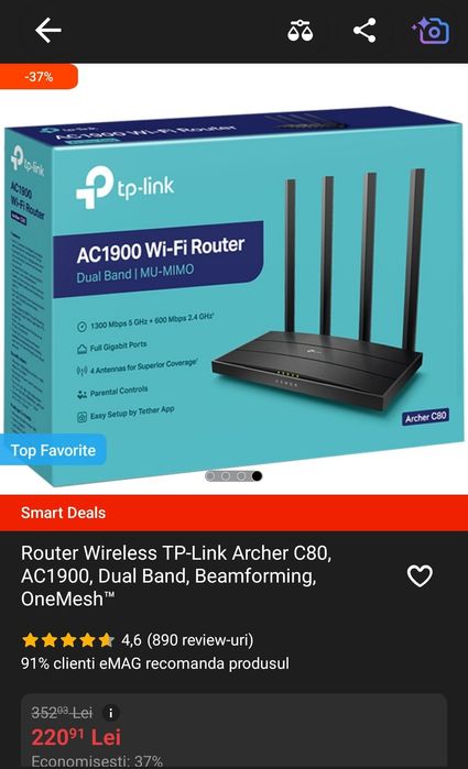 Router Wireless TP-Link Archer C80, AC1900, Dual Band, Beamforming