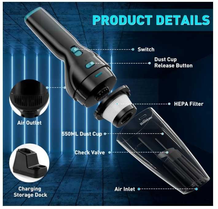 Aspirator portabil de mana fara fir Homekane putere: 9500kpa Hosome