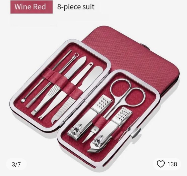 Trusa manichiura 8 piese cutie piele, gentuțe roșie inclusa
