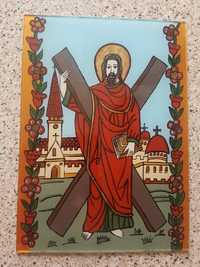 Sf Andrei-icoană pictată manual pe sticla cu culori acrilice si foiță