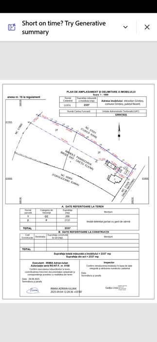 Teren intravilan 2337, utilități, livadă, Grințieș (Neamț) langa Durau
